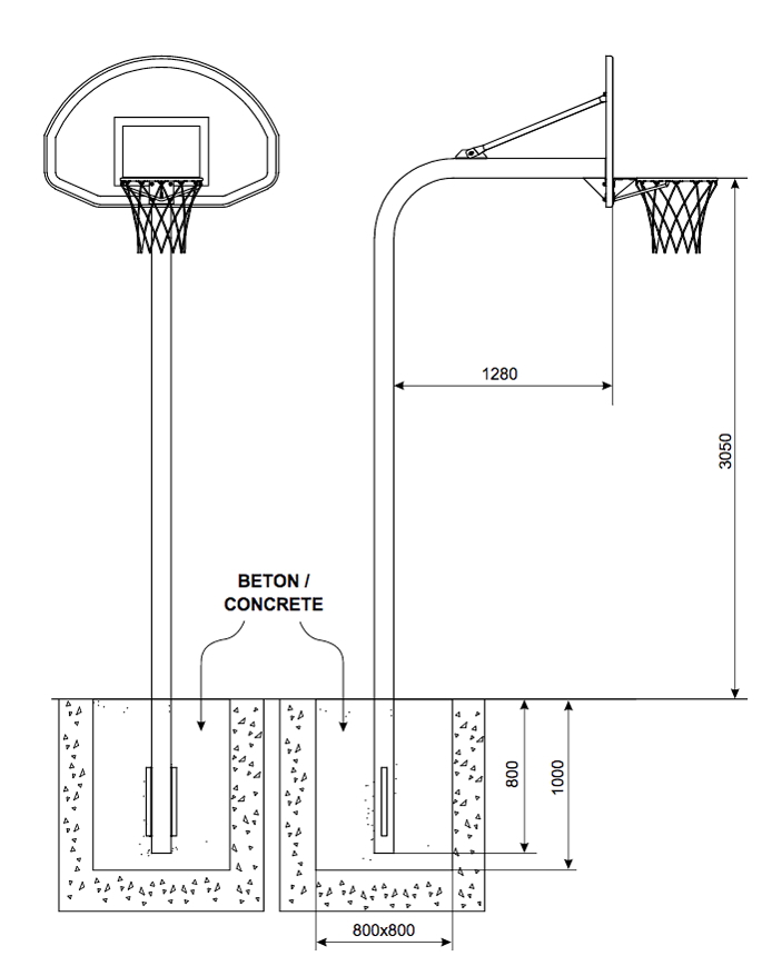 But de basket-ball US 305.Version avec panneaux acier galvanisé forme demi-lune de couleur blanche.